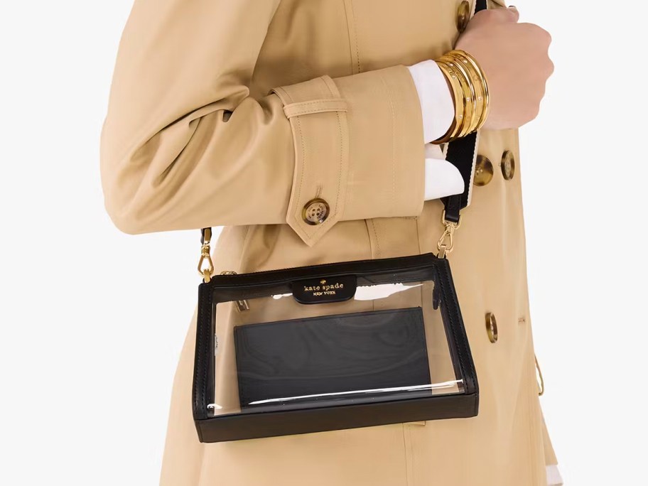 woman in coat wearing black and clear crossbody bag