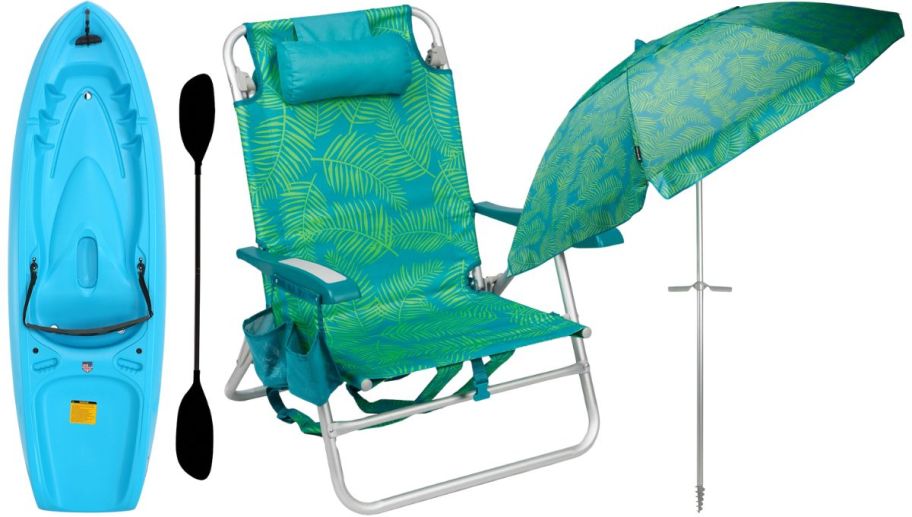a youth kayak, beach chair and umbrella