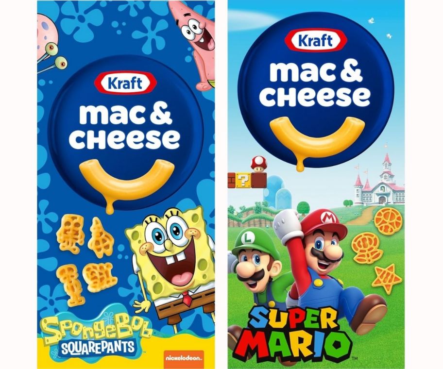 kraft mac and cheese with spongebob and super mario shaped pasta