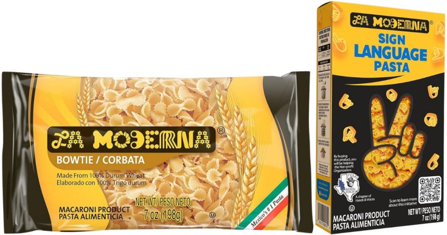 la moderna bow tie pasta bag and a box of american sign language pasta