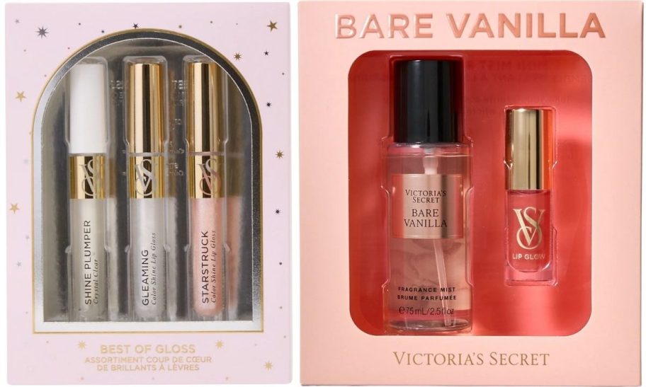 a lip gloss trio gift set and a fragrance and lip gloss gift set