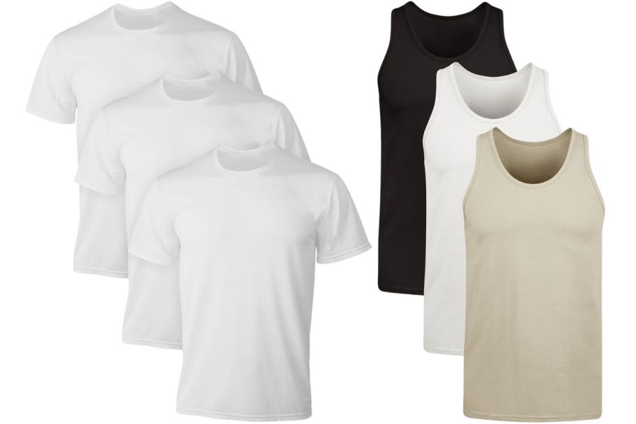 a 3 pack of white tees and a 3 pack of assorted colored tanks