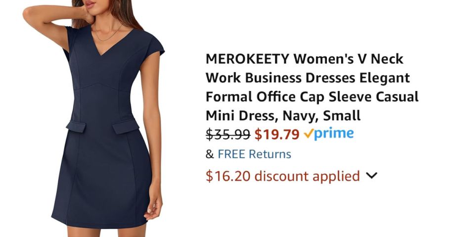 woman wearing navy dress next to Amazon pricing information