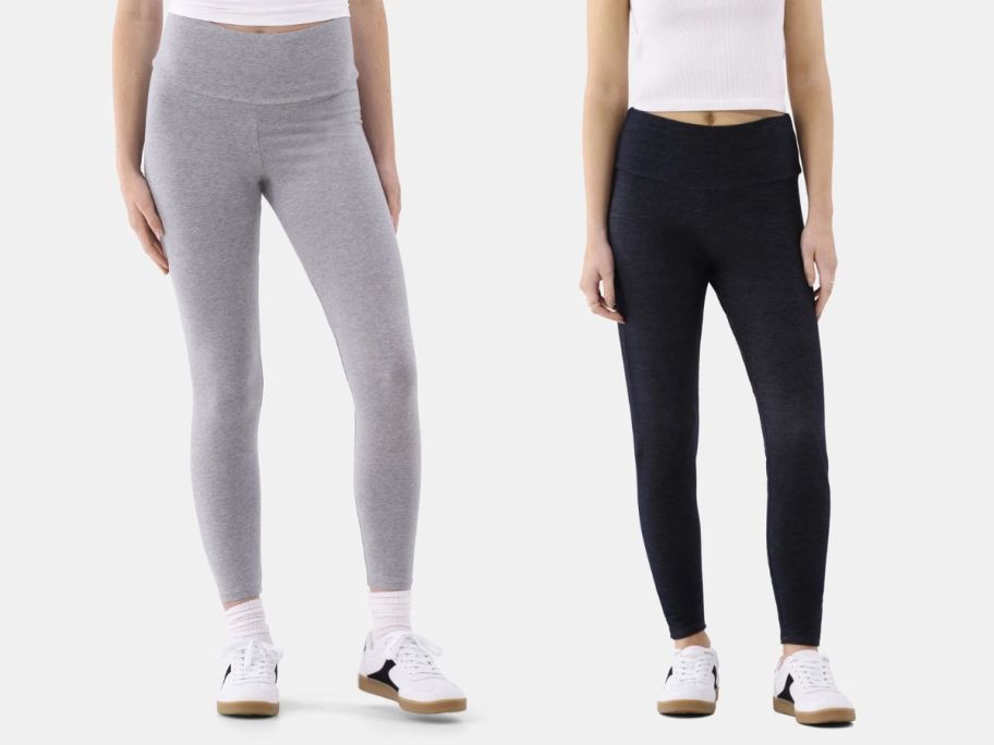 two women wearing No Boundaries Women's High Rise Ankle Leggings in grey and black