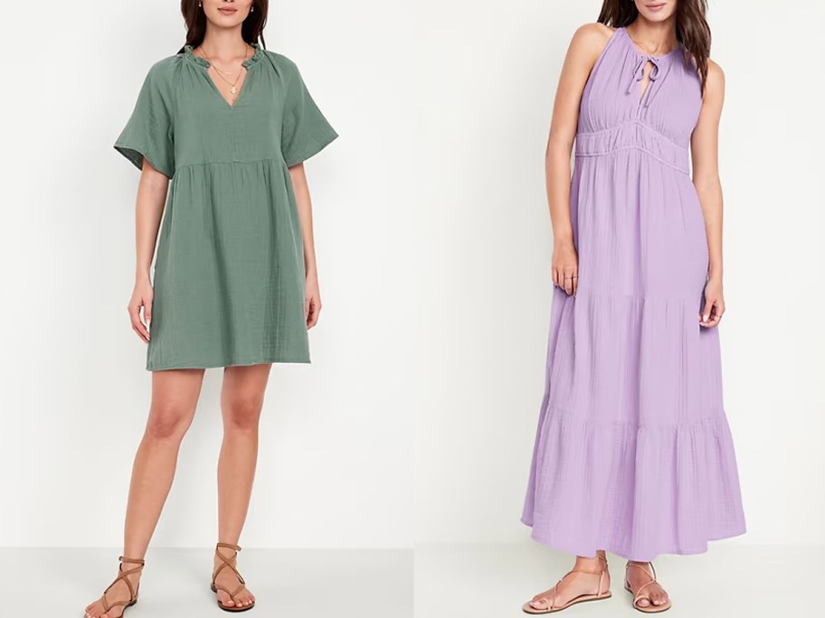 two women wearing green and puprle dresses