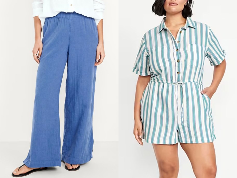 women wearing blue pants and blue and white striped romper