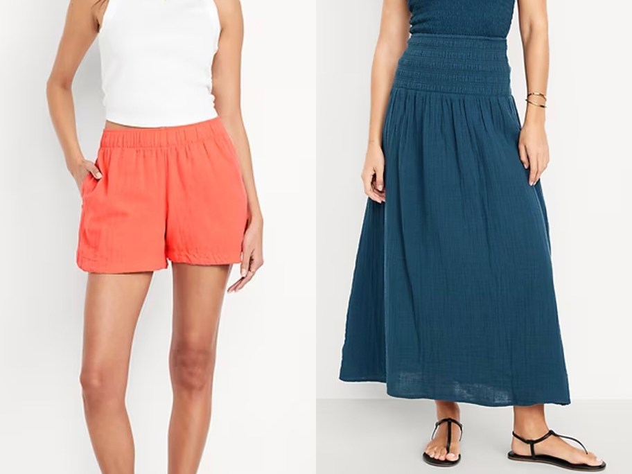 two women wearing orange shorts and blue skirt