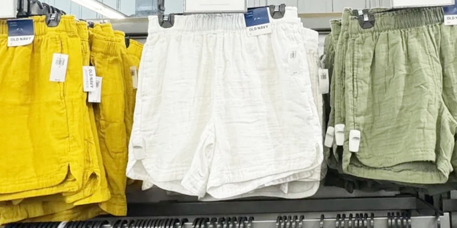 three pairs of crinkle gauze shorts hanging in store 