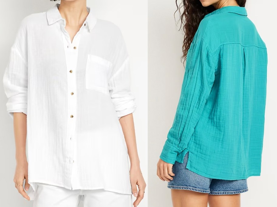 two women wearing white and teal tops 