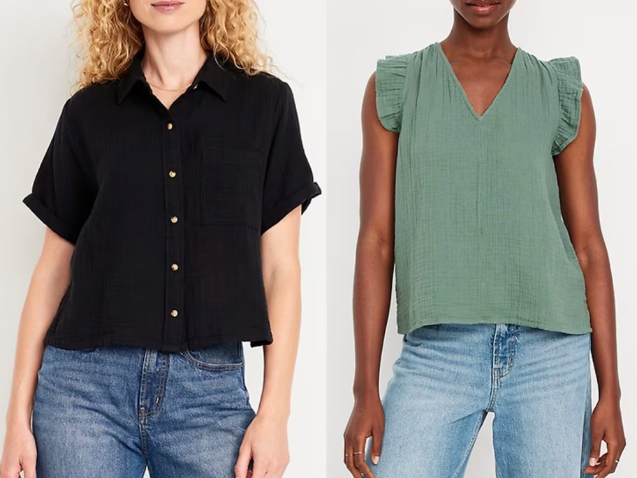 two women wearing black and green tops 