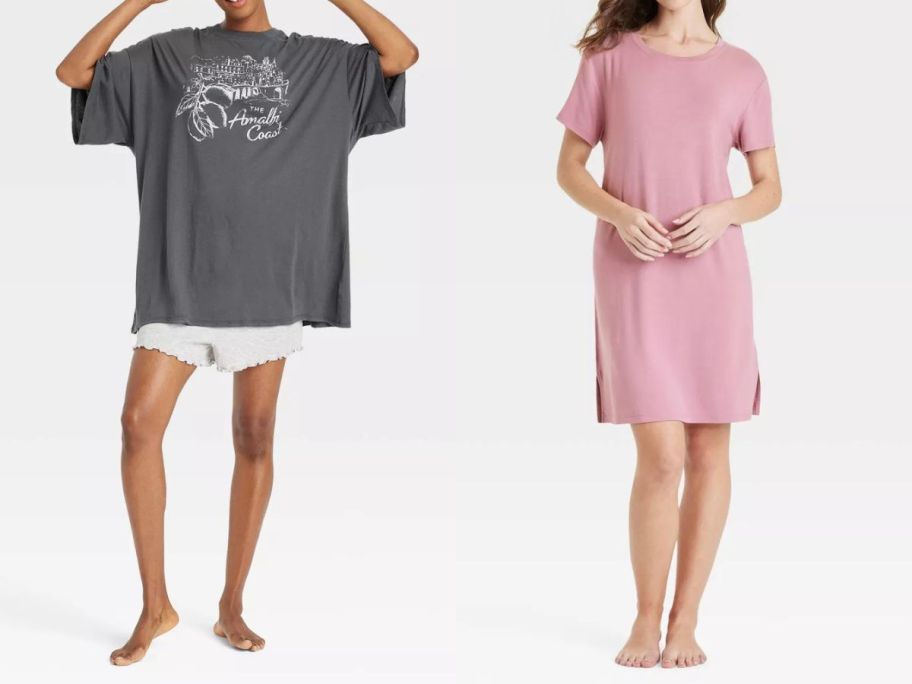 two women wearing target grey sleep top and pink sleep dress