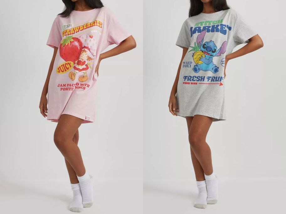 two women wearing pajama shirts with strawberry shortcake and stitch on them