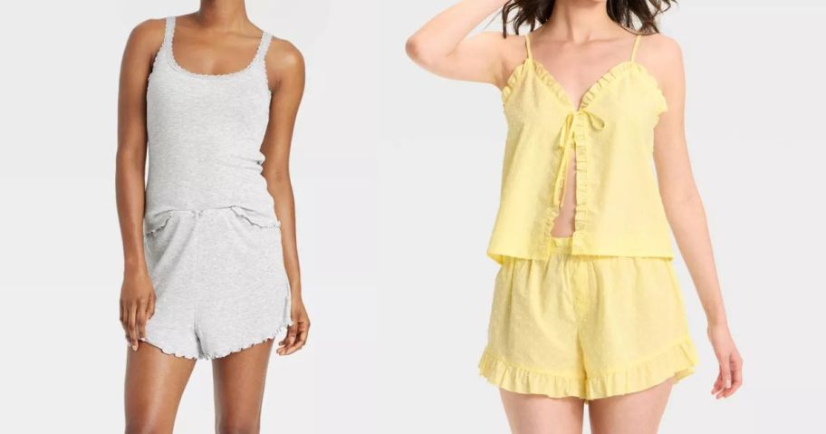 two women wearing grey pajama set and a yellow pajama set