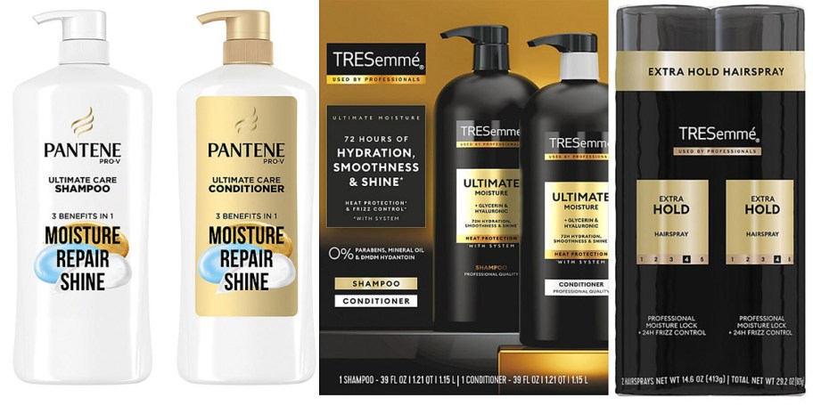 pantene shampoo bottles, and tresemme shampoo and hair sprays