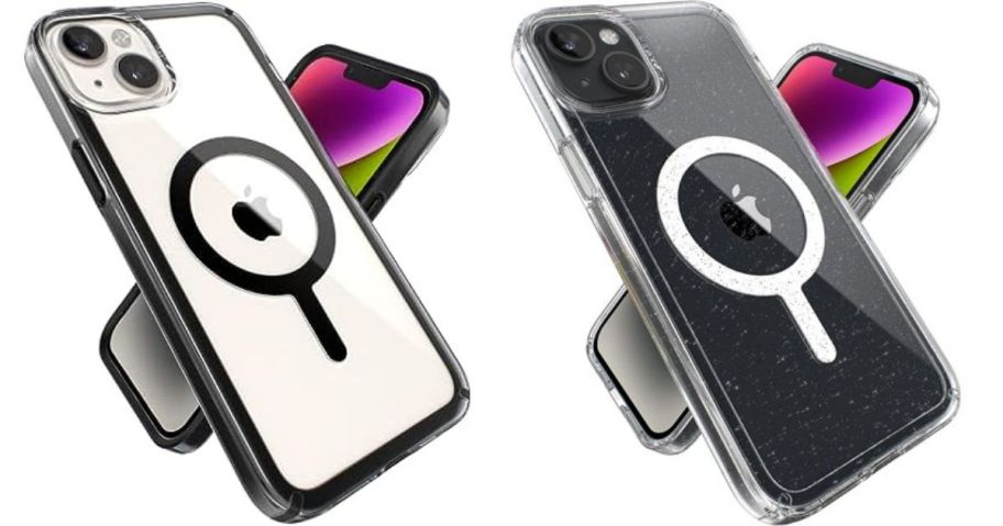 a white and a black Speck Clear iPhone 14 PLUS Case stock image
