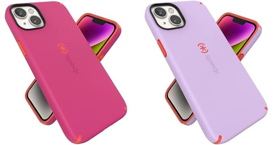 a pink and a purple Speck iPhone 15 PLUS & 14 PLUS Case stock image