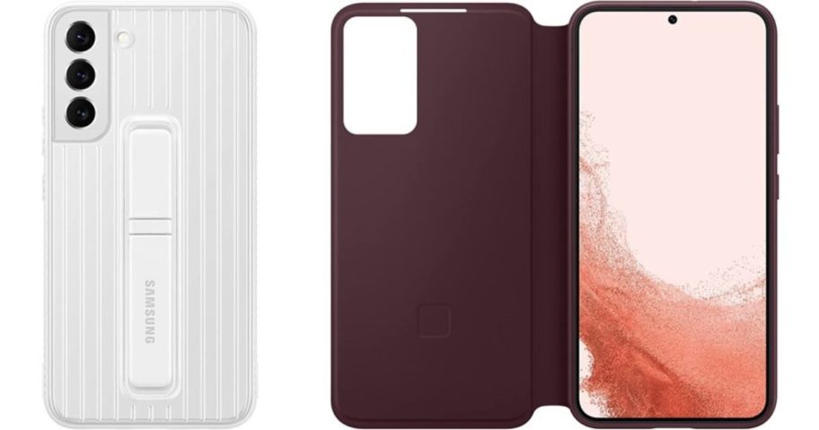 a white and a burgundy samsung phone case stock image