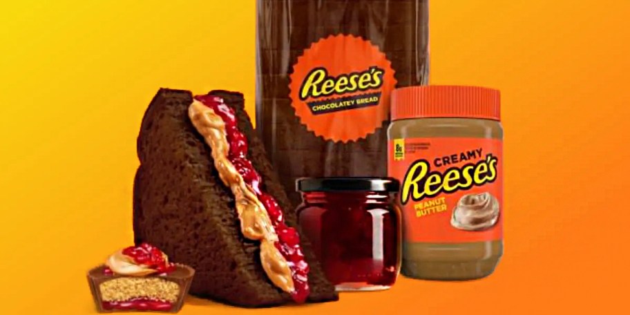 reese's peanut butter and jelly sandwich with jar of peanut butter, jam, and pack of bread