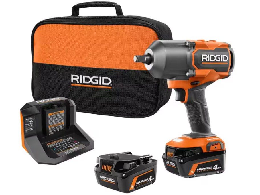 orange and black ridgid impact wrench, bag, and battery 