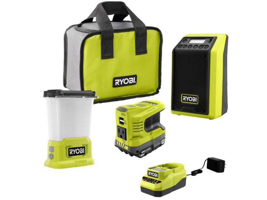 yellow and black RYOBI ONE+ 18V Cordless 3-Tool Storm onlinebo Kit stock image