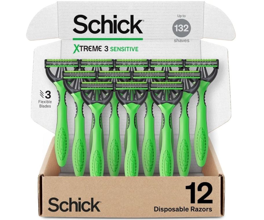 a 12 count box of disposable razors