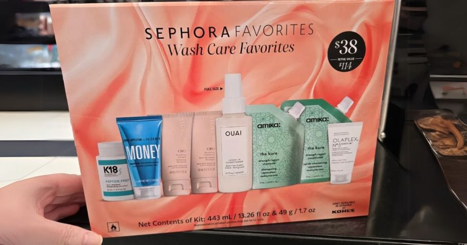 Sephora Favorites Wash Care Set box on shelf with hand touching it in store
