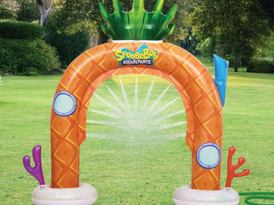 spongebob squarepants arch sprinkler in yard 