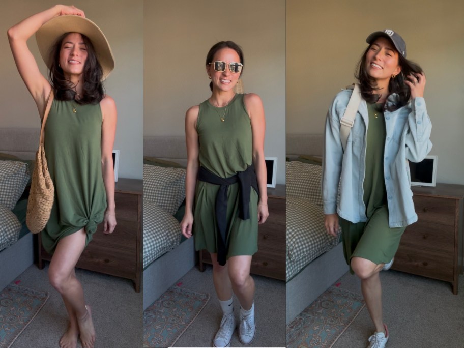 woman showing three different ways to wear green dress
