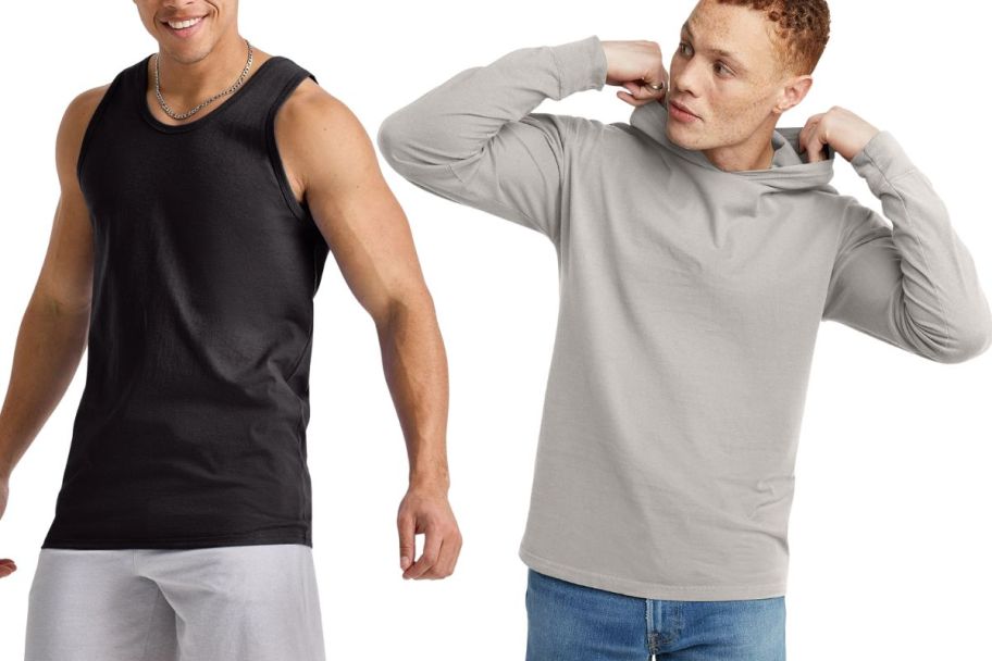 a male model in a tank top and one in a hoodie
