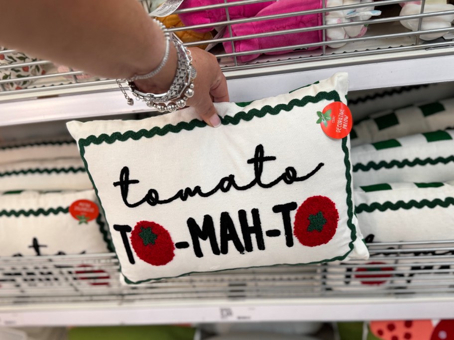 black, white, and red tomato pillow in hand in store