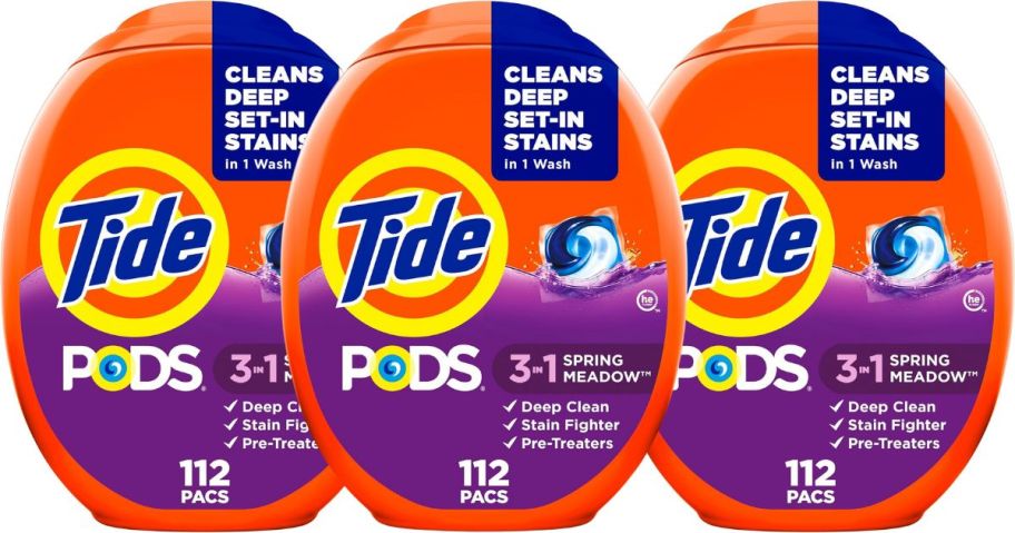 three Tide Pods Laundry Detergent 112-Count pack stock images