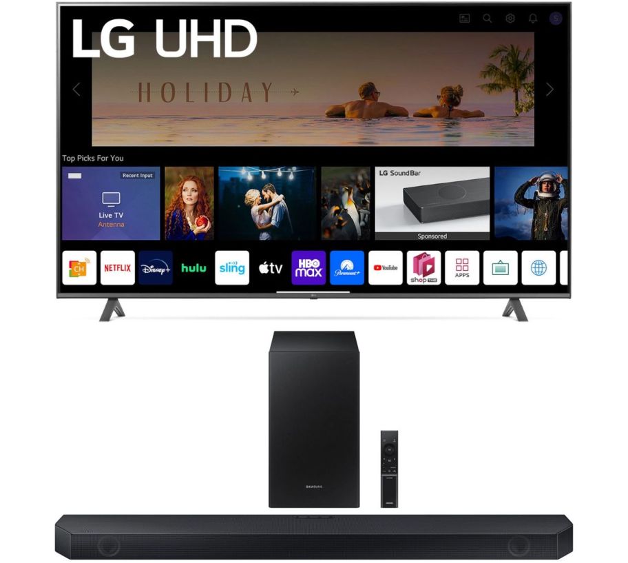 a 70 inch tv and a soundbar and subwoofer