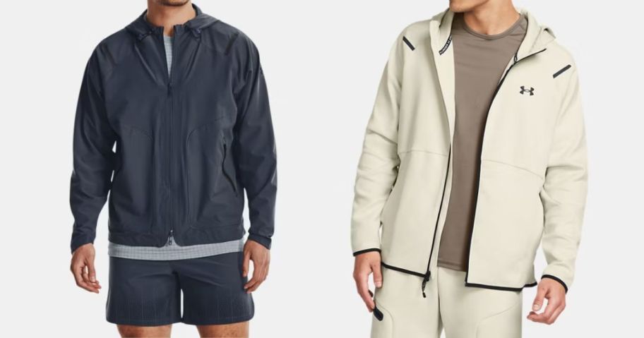 two men wearing a blue and a cream colored under armour hoodie
