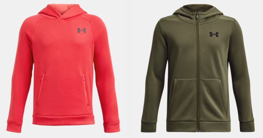 an orange and a green under armour boys hoodie stock image