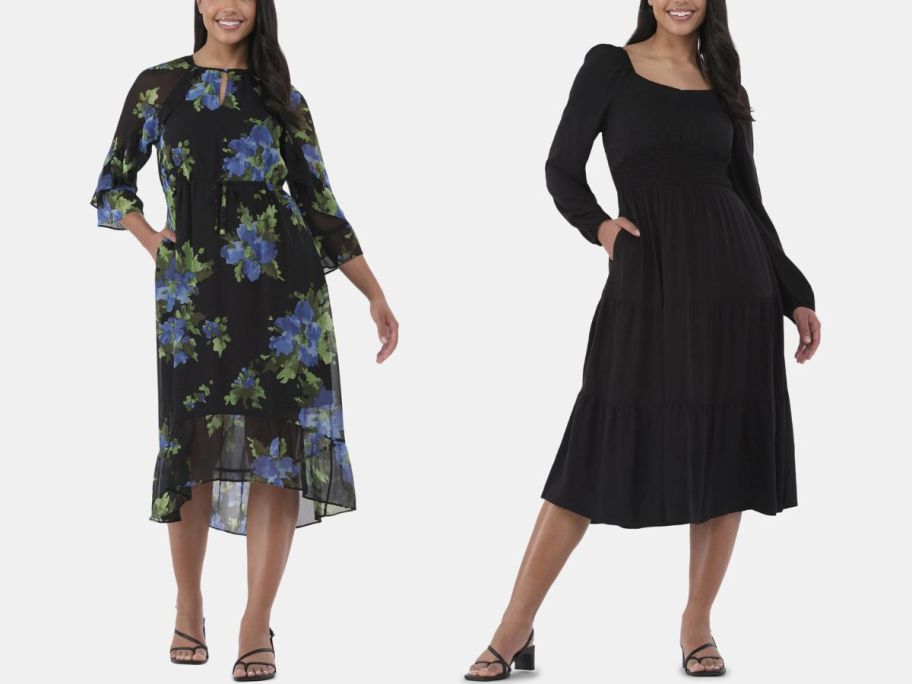 woman wearing blue and black flower dress and woman wearing black dress