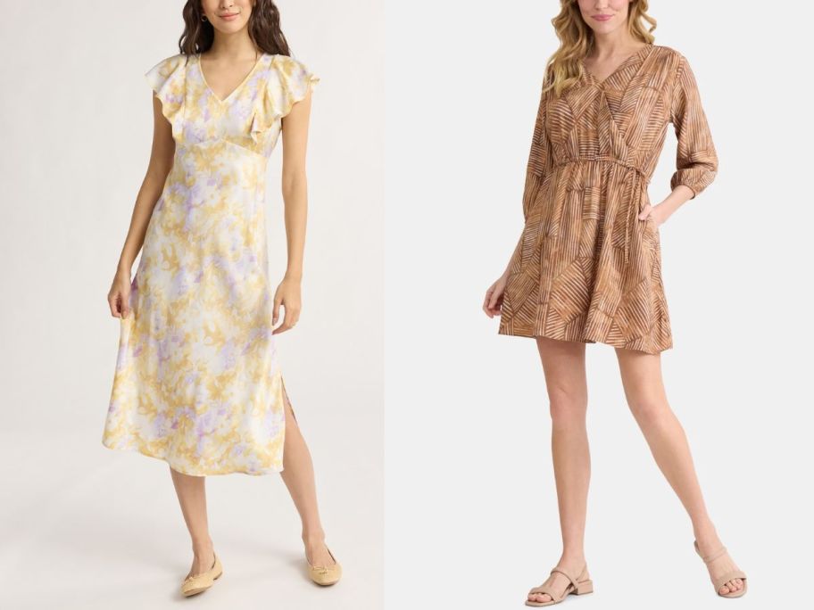 yellow and purple floral dress and brown pattern wrap dress