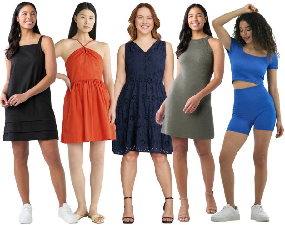 5 women wearing dresses on a white background