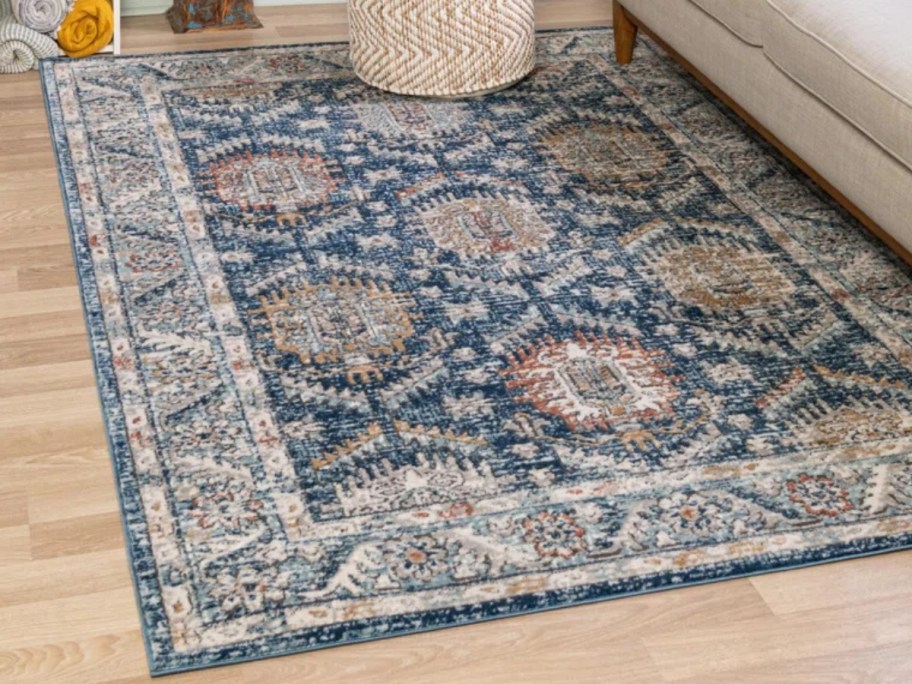 a blue oriental style area rug