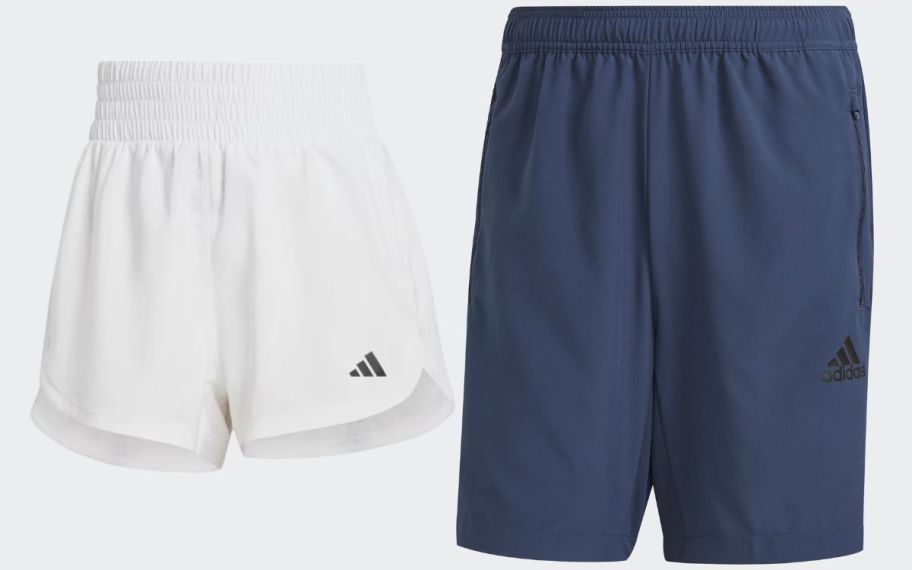 a pair of womens white running shorts and a pair of mens navy athletic shorts