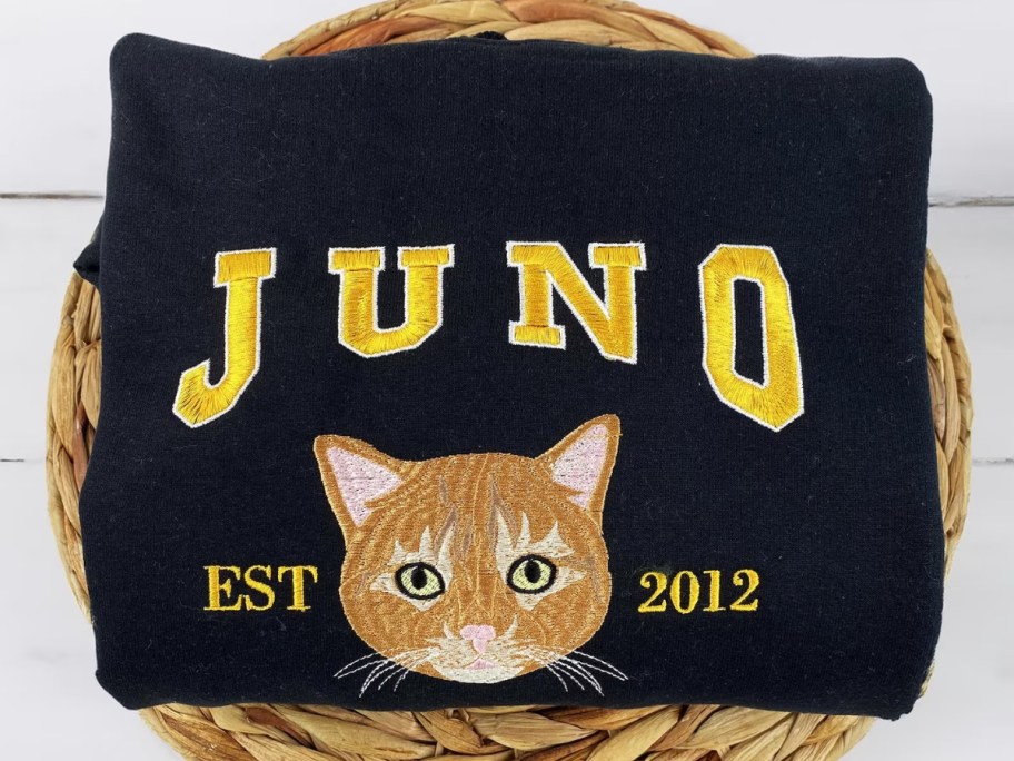 a sweatshirt with a cat and it's name embroidered on it