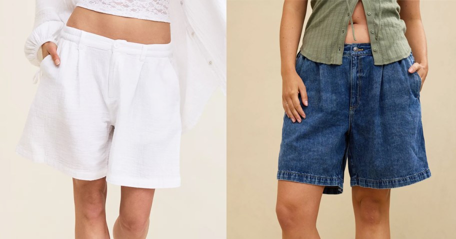 two women in white and denim shorts