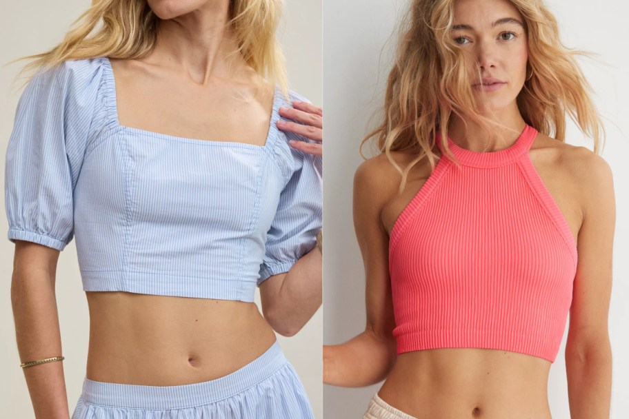 Women wearing aerie blue and pink tops