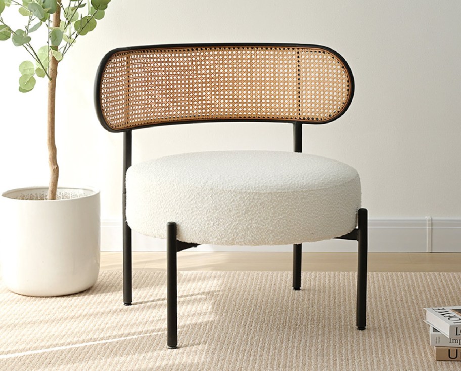 Upholstered Chair with Rattan Back and plant behind it 