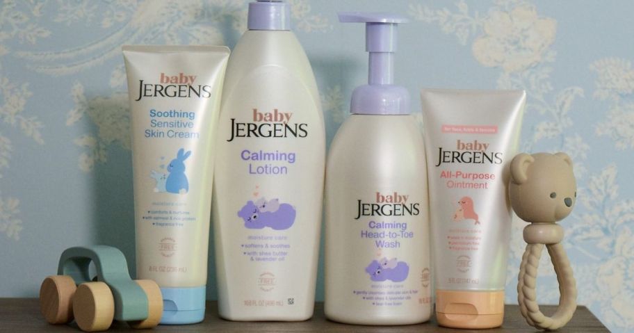 Four Baby Jergen's Skincare products on a dresser