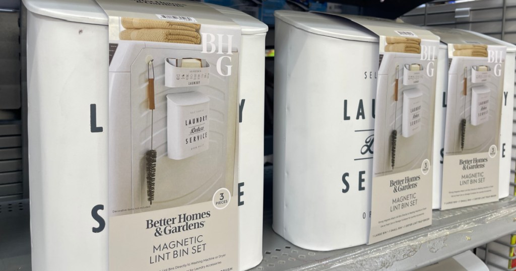 Better Homes & Gardens 3-Piece Magnetic Metal Laundry Lint Bin Set on display inside Walmart store