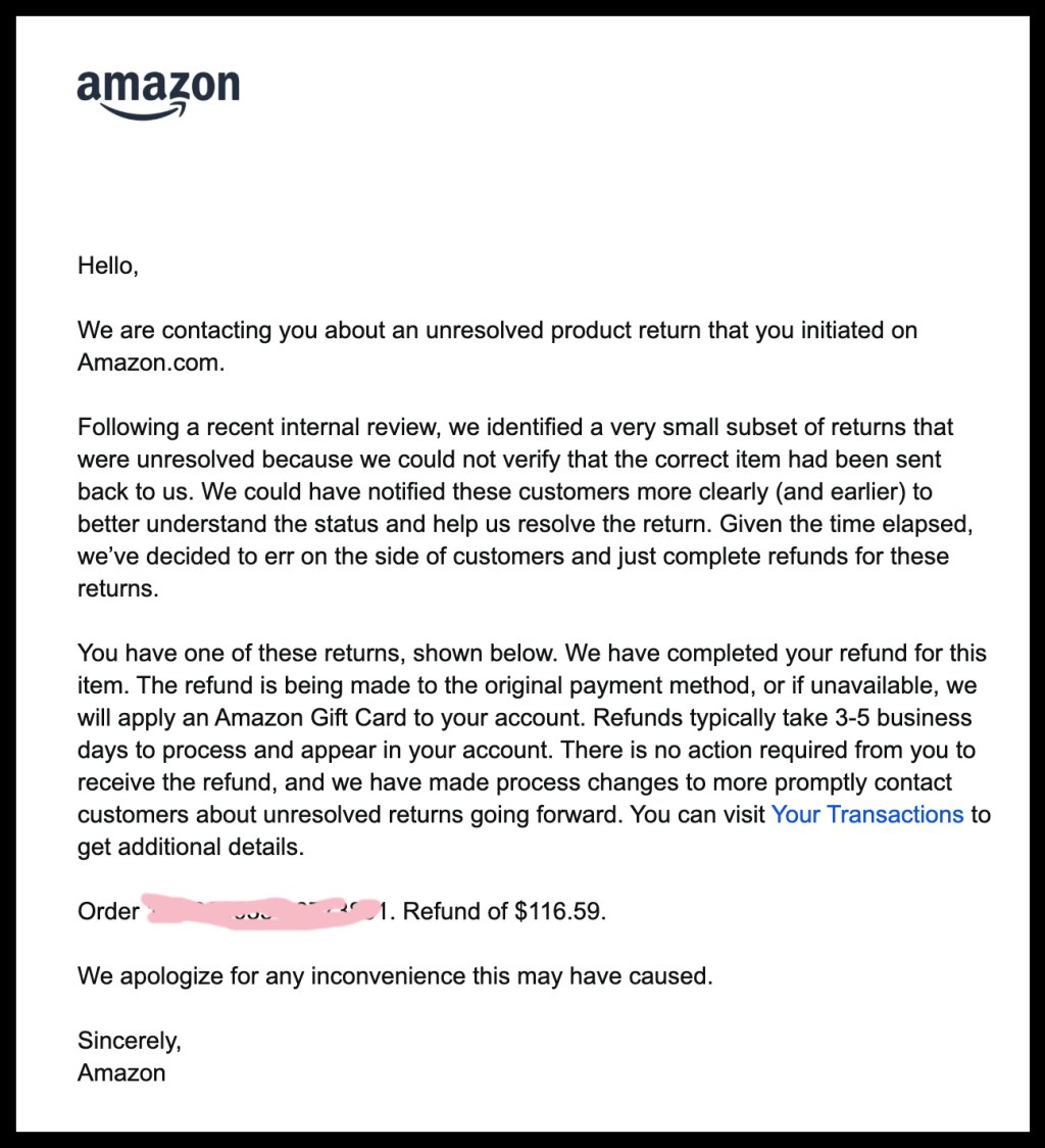 Letter from Amazon explaining an unexpected return