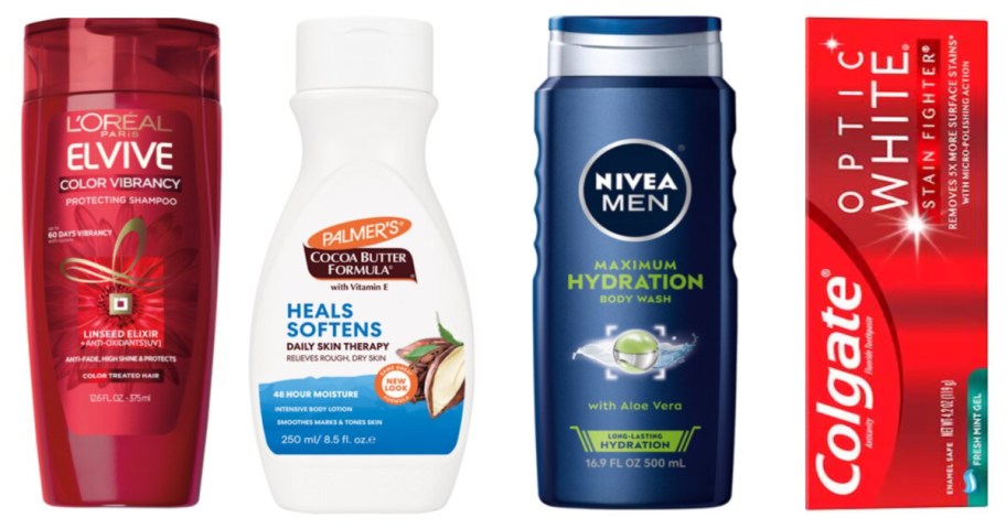 shampoo, lotion, men's body wash and toothpaste