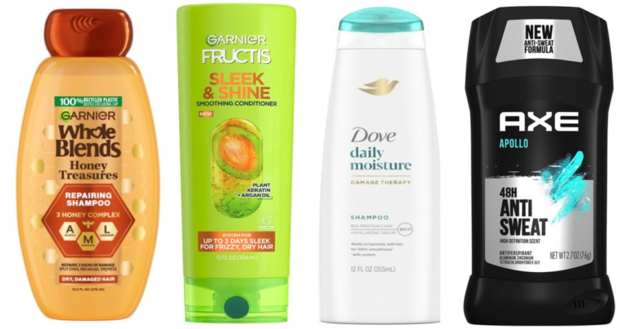 three bottles of shampoo and stick of deodorant