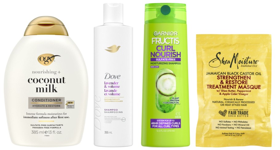 OGX coconut milk conditioner, Dove shampoo, and Garnier Fructis shampoo bottles next to a sheamoisture treatment masque pack