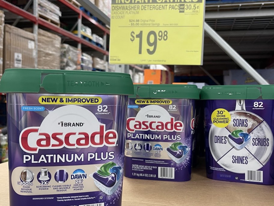 Cascade Platinum Plus Dishwasher Detergent 84 Pac Containers on a shelf in Sam's club